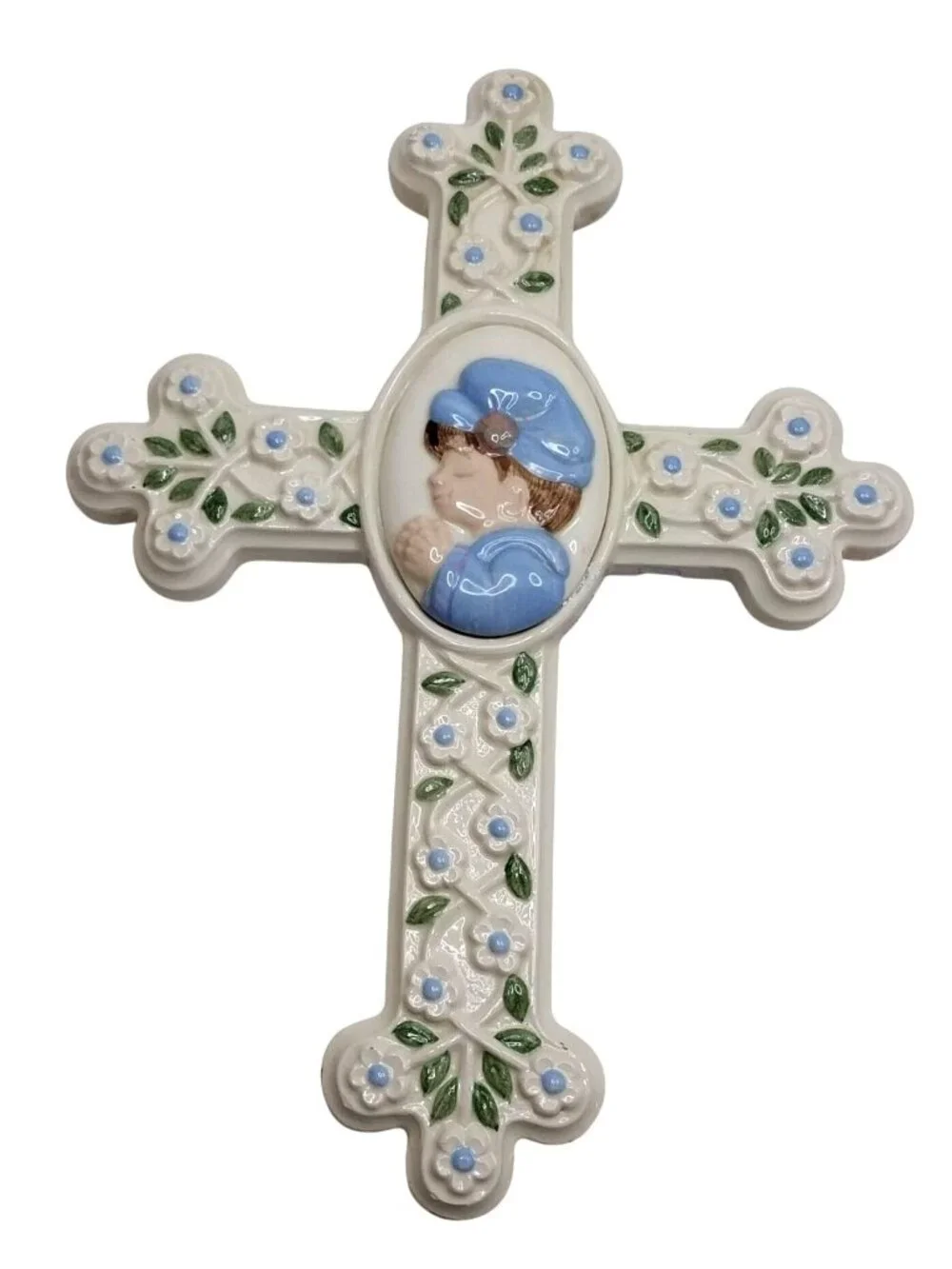 Vintage Ceramic Wall Cross Baby Boy Blue Baptism